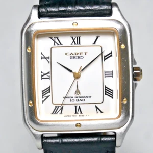 SEIKO CADET Rectangle Square Watch 7N01-5010 1990 White Dial Black Leather Japan - Picture 1 of 8