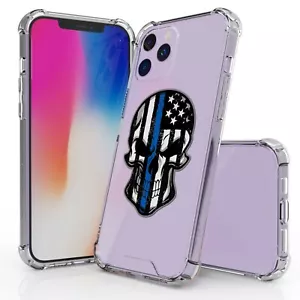 Blue Line Skull Shockproof Hard Case Soft Bumper Cover for iPhone Models - Picture 1 of 6
