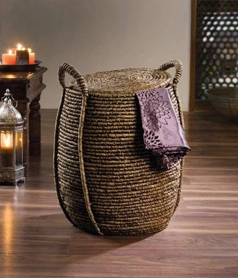 Wäschekorb Wäschesammler mit Deckel fernöstliches Design braun rund mit Deckel - Bild 1 von 4