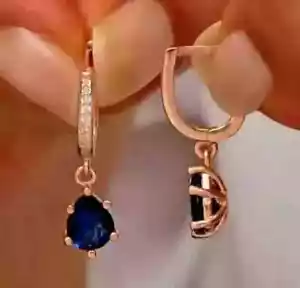 Lab-Created Blue Sapphire 2.50Ct Pear Cut Dangle Earrings 14k Rose Gold Plated - Picture 1 of 6