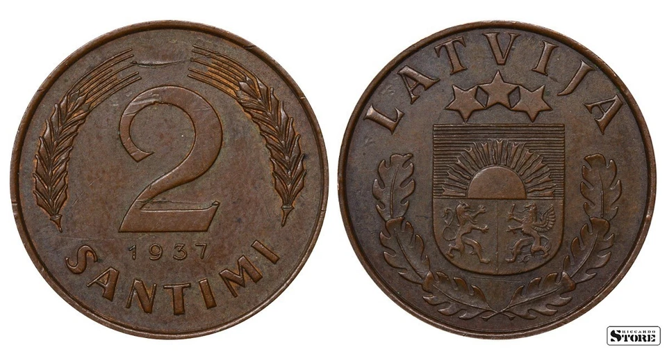 1937 Latvia 2 Santimi Bronze Coin KM#11.2  Rare Vintage Good Condition - Image 1 of 1
