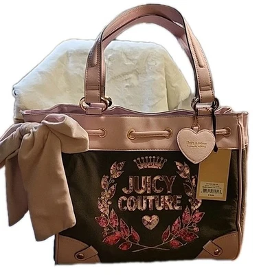 Bolso de Mano Juicy Couture Juicy Never Dies Marrón Chocolate Gasa Rosa Lazo XL Lentejuelas  Foto 1 de 4