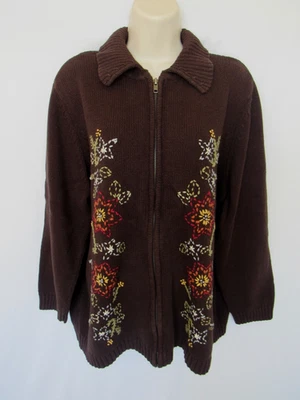 ЖЕНЩИНЫ 18/20W темно-коричневый ramie хлопок осени вышитый длинным рукавом воротник молнии - Изображение 1 из 4