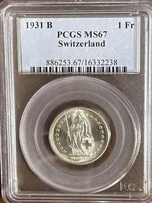 1931-B***SWITZERLAND 1 SILVER FRANC***PCGS MS67*** - Image 1 of 4