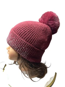 Madden NYC Beanie Schal Set Burgund Strass Fuzzy Strick Bommel Mütze - Bild 1 von 5