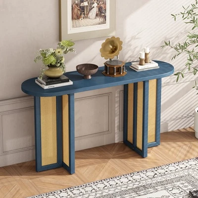 Entrance Table with Storage Function Featuring Rattan Accents Rubberwood Legs  - Image 1 of 4