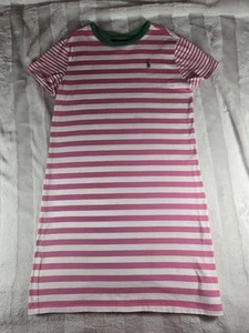 Polo Ralph Lauren Pink White Striped Knit Green Pony Shirt Dress Girls L 12 14 - Picture 1 of 11