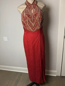 Vintage Laurence Kazar Beaded Silk Gown Medium Red Gold Halter Slit  - Picture 1 of 15