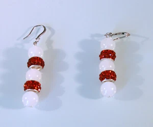 Silver plated hooks white quartz & red crystal rondels dangle earrings 2 1/4" - Picture 1 of 2