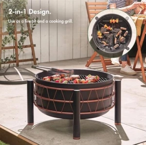 Fogata negra y cobre barbacoa parrilla acero jardín/patio calentador, cubierta de malla y póker - Imagen 1 de 7