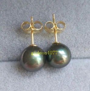  PENDIENTE PERLAS DE TAHITÍ VERDE NEGRO REDONDO GRADO AAA++ 7-8 MM ORO 14K - Imagen 1 de 4