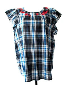 Liz Claiborne Size Large Navy plaid 100% cotton blouse/w short flutter sleeve. - Picture 1 of 12