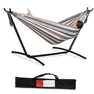 Double Hammock with Space Saving Steel Stand Included 2 Person Heavy Coffee - Picture 1 of 7