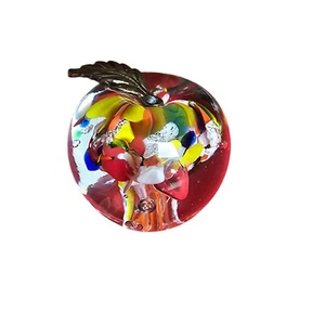 Vintage Art Glass MCM Apple Paperweight W/Bronze Leaf Spring Multicolor Flowers - Picture 1 of 8