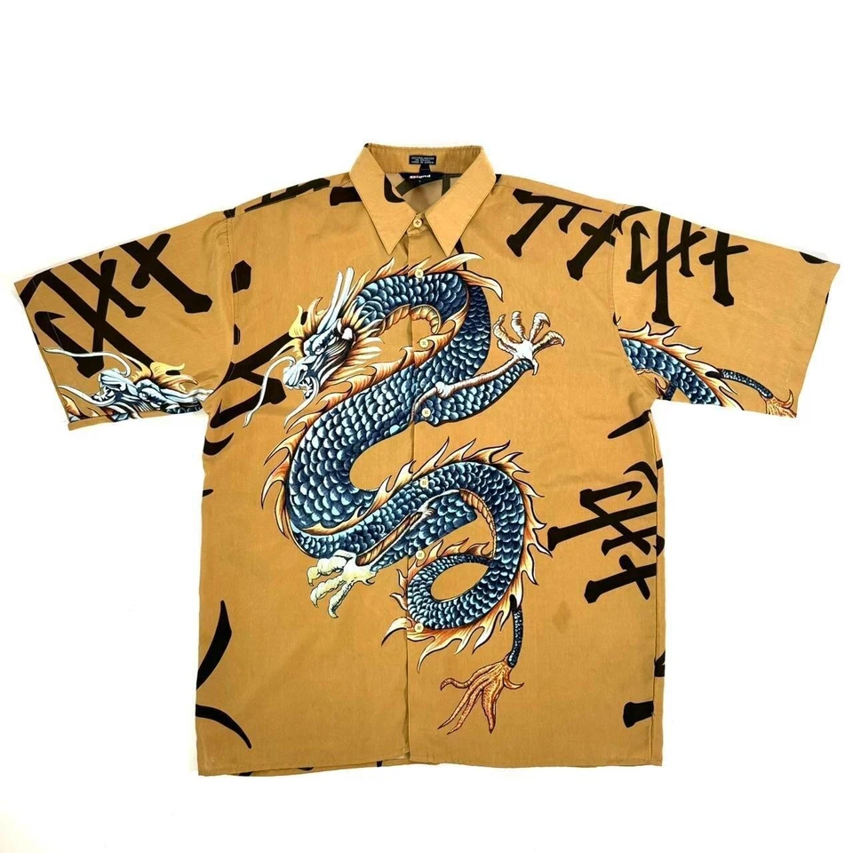 Y2K 2000s Dragon Grunge Estilo JNCO Manga Corta Grande Abotonada M Foto 1 de 4