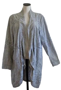Sundance Boho Long Jacket Embroidered Eyelet Ruched Light Grey sz M $148 - Picture 1 of 13