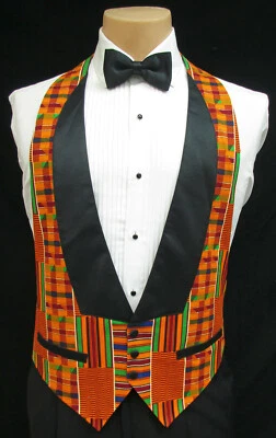 Men's African Patterned Tuxedo Vest and New Black Bow Tie Groom Prom Mason Small - Image 1 of 3