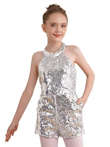 Girls Sequin Jazz Latin Dance Leotard Sleeveless Halter Pageant Party Romper - Picture 1 of 71