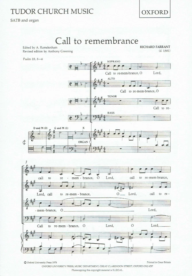 Call to remembrance, by Richard Farrant, for SATB & Organ (Sheet music) - Image 1 of 1