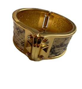 Stella & Dot Bello Bangle Clamper Bracelet In Gold And Leather Snake Skin - Picture 1 of 4
