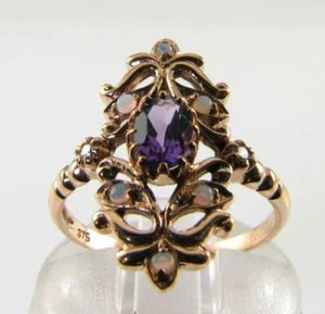 LONG 9K 9CT ROSE GOLD AMETHYST OPAL DIAMOND ART DECO INS FLORAL RING FREE RESIZE - Picture 1 of 7