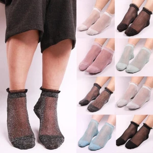 3 Paia Calzini Corti Estivi Donna Pizzo Trasparente Glitter Lucido Calzini Casu S - Foto 1 di 21