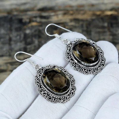 Smoky Topaz Gemstone 925 Solid Sterling Silver Gemstone Earring, Christmas Gifts - Image 1 of 4