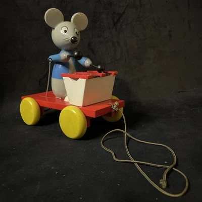 老式罕见HTF云母木琴鼠标木制拉玩具婴儿爱因斯坦看照片 — 第 1/4 张图片