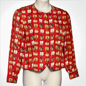 Vintage 90s Maggy London Silk Blouse Size 12 Red Gold Gift Print Holiday Glam - Picture 1 of 8