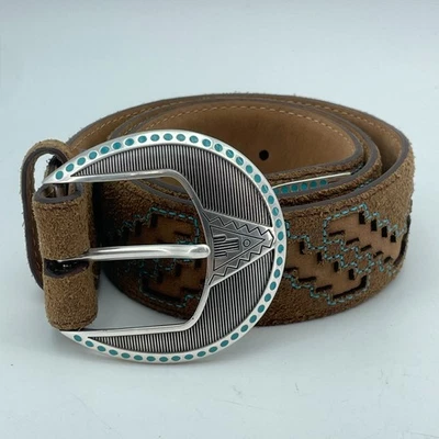 JUSTIN Leather Belt Womens 30 Brown Suede Western Turquoise Stitch Arrow Buckle - Image 1 of 4