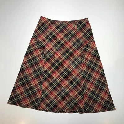 Jones Wear Plaid A-Line Black Red Tan Lined Stretch Retro Side Zip Midi Skirt 10 - Image 1 of 4