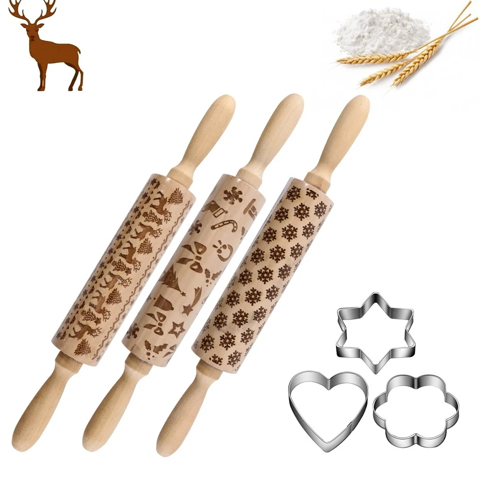 3Pcs Wooden Embossed Rolling Pin Christma Rolling Pins for Baking Cookies - Image 1 of 4
