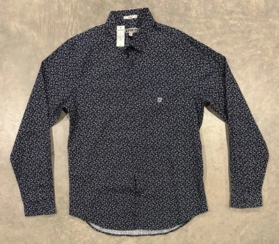 NUEVO CON ETIQUETAS Camisa Express Abotonada Para Hombres Azul Medio Manga Larga Floral Hoja Ajustada Foto 1 de 4