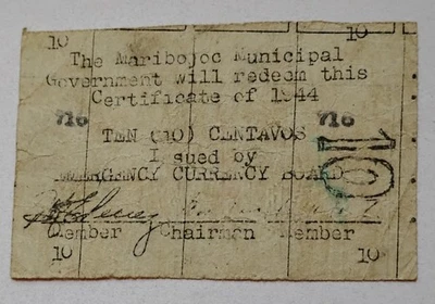 1944 Philippine Guerrilla WW2 MARIBOJOC 10 Centavos Note - Image 1 of 2