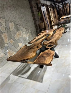 Clear epoxy resin dining tabletop, live edge wood table, Resin countertop decor - Picture 1 of 10