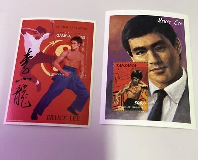 Hoja de recuerdo de estampillas de Bruce Lee - Tanzania y Gambia lote de 2 Foto 1 de 4