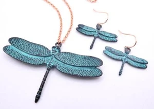 ÚNICO Conjunto de Pendientes de Cadena Colgante Patina Azul Libélula Oro Rosa - Imagen 1 de 12