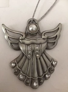 Schöner zinnfarbener Engel mit Perlengesicht und Strassakzenten Weihnachtsschmuck - Bild 1 von 3