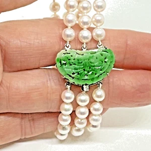 Jadeite 14k Clasp Triple Strand Akoya 5 x 5.5 mm Pearl Bracelet 7 Inch - Picture 1 of 22