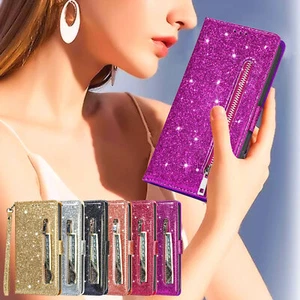 Shiny Leather Zip Wallet Case for Samsung S24/S23/S22/S21/A06/A16 w/Wrist Strap - Picture 1 of 46