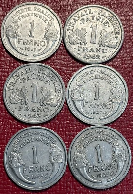 MUY BONITO LOTE 6 MONEDAS FRANCIA 1 FRANCO-1941,1942,1943,1944,1945,1947-ABR213 Foto 1 de 2