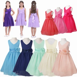 Girls V Neck Chiffon Bow Sash Wedding Bridesmaid Prom Gowns Flower Girl Dress - Picture 1 of 115
