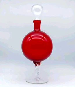 Vintage Empoli Red Art Glass Decanter Clear Twisted Stem Ball Stopper 16 1/2" - Picture 1 of 15