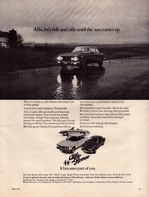 Anuncio impreso vintage Alfa Romeo Car Ride and Ride Until the Sun Comes Up 1975 Foto 1 de 2