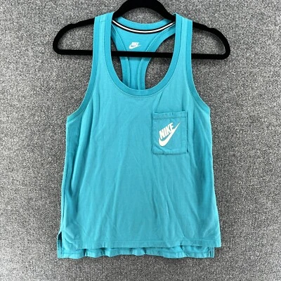 Camisa Nike para mujer pequeña azul camiseta sin mangas elástica espalda deportiva Swoosh Athleisure Foto 1 de 4