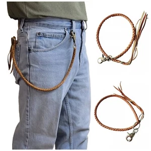 Brown Braided Leather Chain Lanyard Wallet Brass Silver Biker Trucker Handmade - Picture 1 of 10