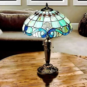 Stained Glass Tiffany Style Vintage Accent Victorian Theme Table Lamp in Blue - Picture 1 of 9