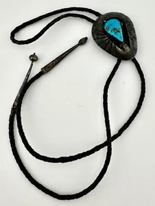 Vintage Native Bolo Tie Unmarked Turquoise 46.2g - Afbeelding 1 van 5