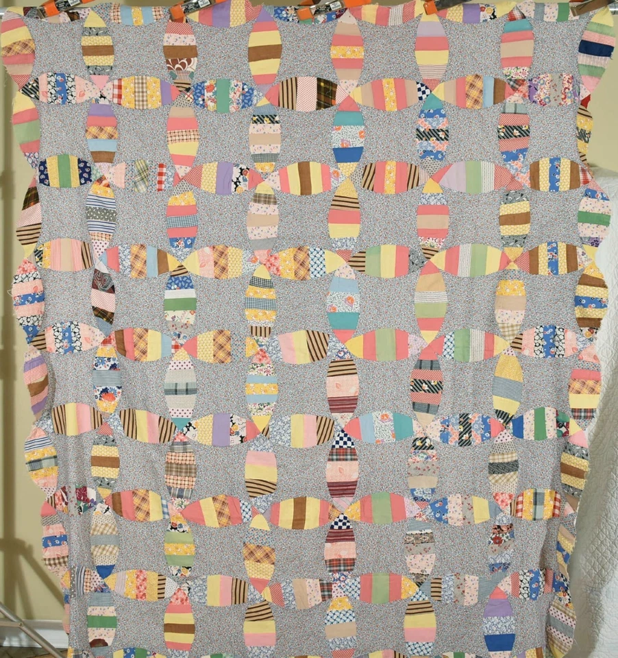 WONDERFUL 30's Orange Peel Crazy Antique Quilt Top ~CHEERY VINTAGE FABRICS! - Image 1 of 4