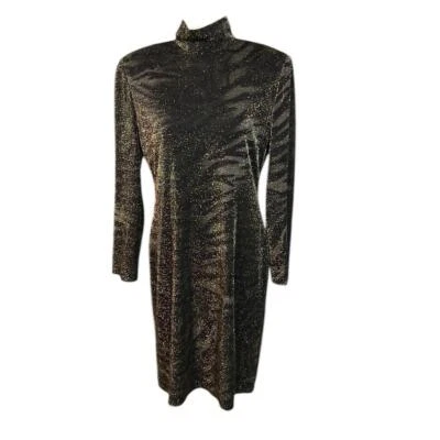 Linda Allard Long Sleeve Midi Dress Shimmer Black Gold Tiger Print Womens 12 - Image 1 of 4